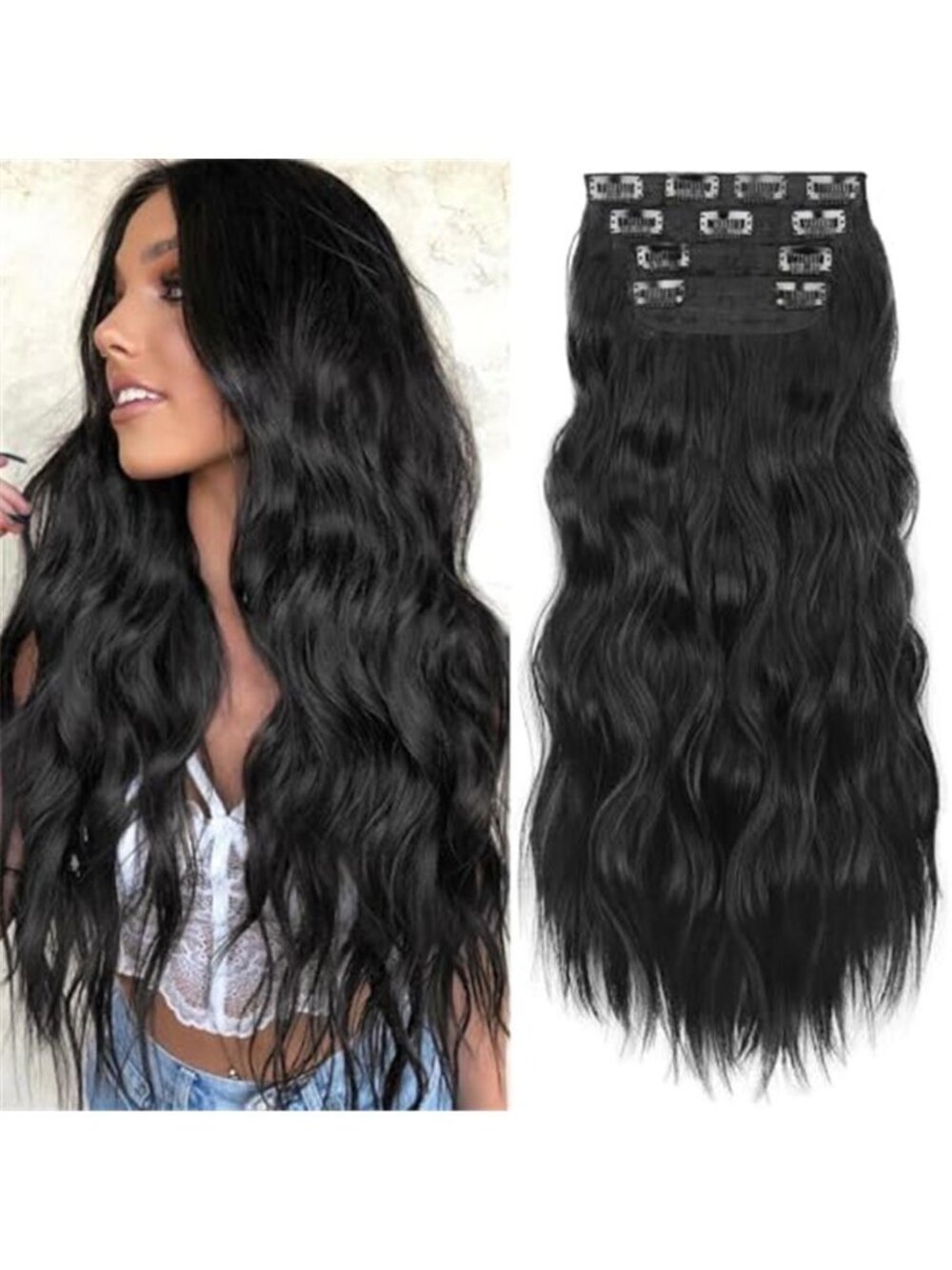 Wavy Thick Clip in Hair Extensions 24" Black